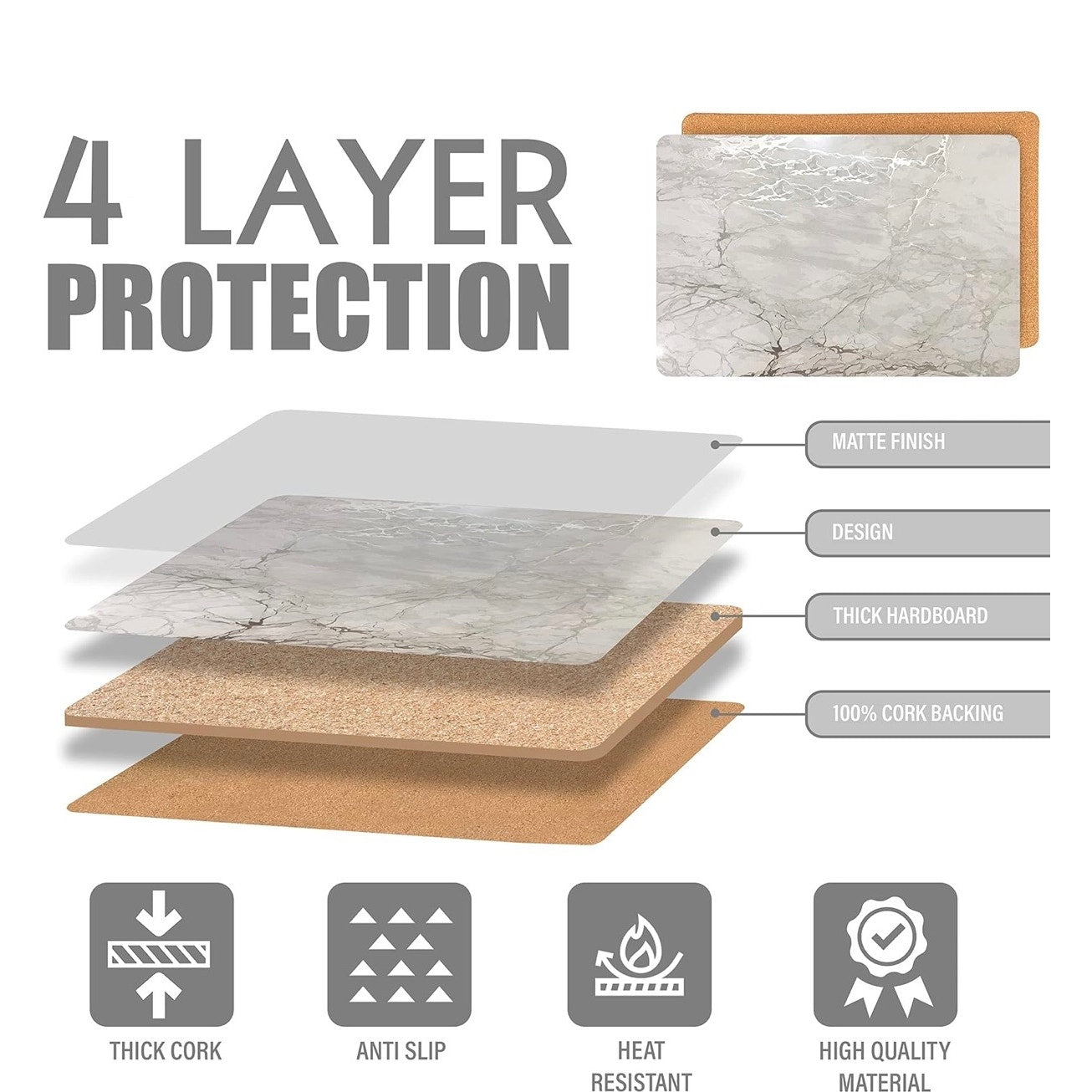 Dainty Home Foiled Granite Thick Cork Heat Resistant Dining Table Placemats Set of 2, 12" x 18" Rectangle, Marbled Silver, 2 Count