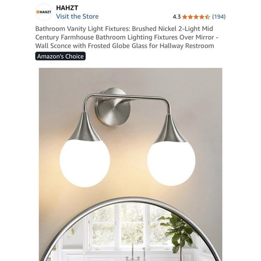 Bathroom Vanity Light Fixtures: Brushed Nickel 2-Light Mid Century Farmhouse