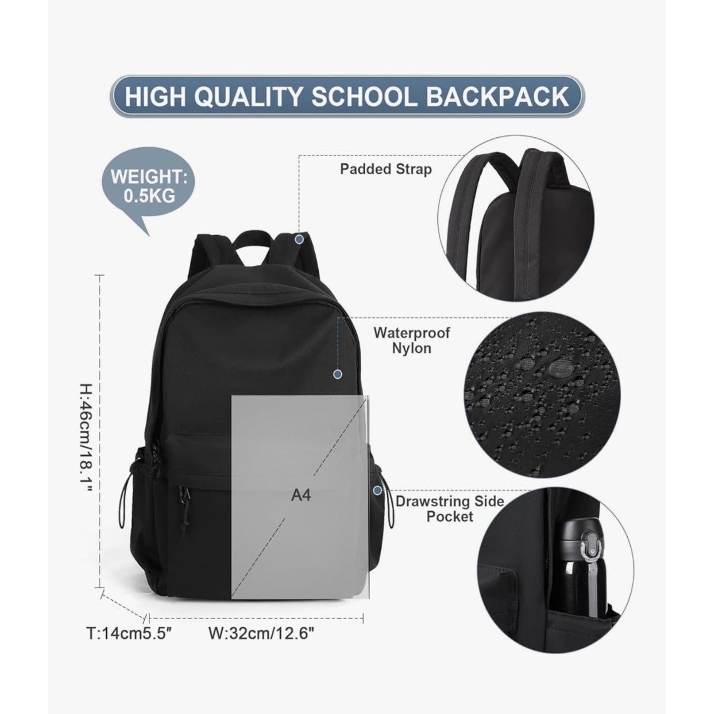 Black Waterproof Nylon Lightweight School Backpack For Boys & Girls