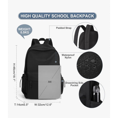 Black Waterproof Nylon Lightweight School Backpack For Boys & Girls
