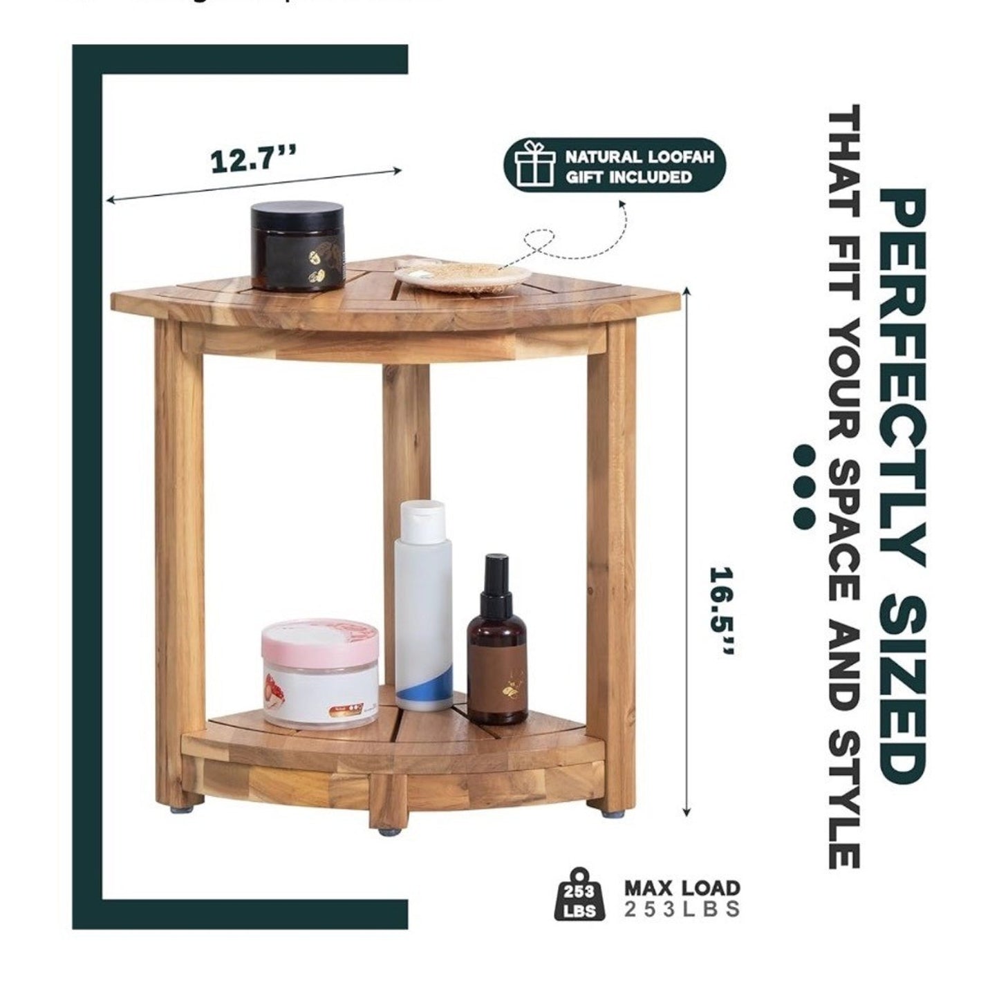 Acacia Corner Shower Stool With Storage Shelf & Soap Dish