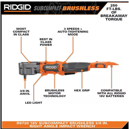 RIDGID 18V SubCompact Brushless 3/8 in Right Angle Impact Wrench Tool Only New