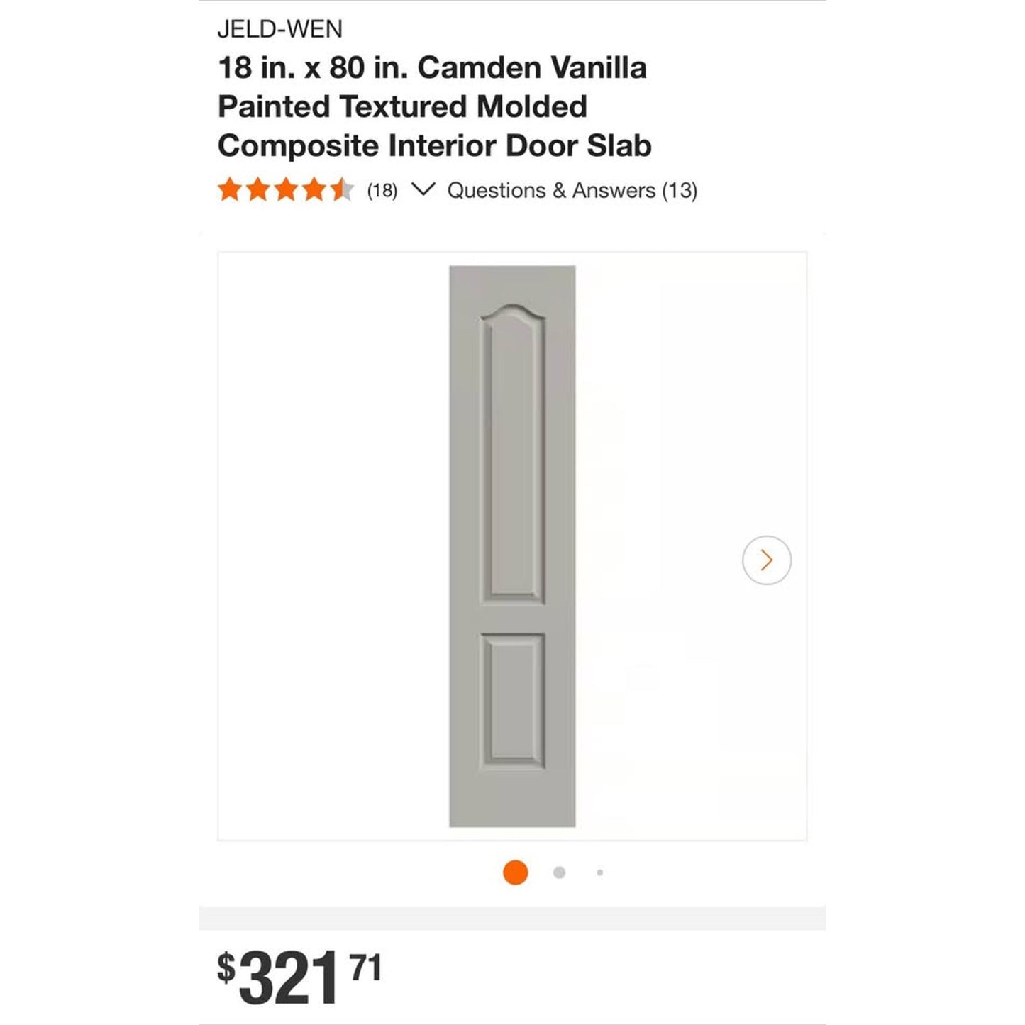JELD-WEN 18 in. x 80 in. Camden Vanilla Painted Textured Molded Composite Interior Door Slab