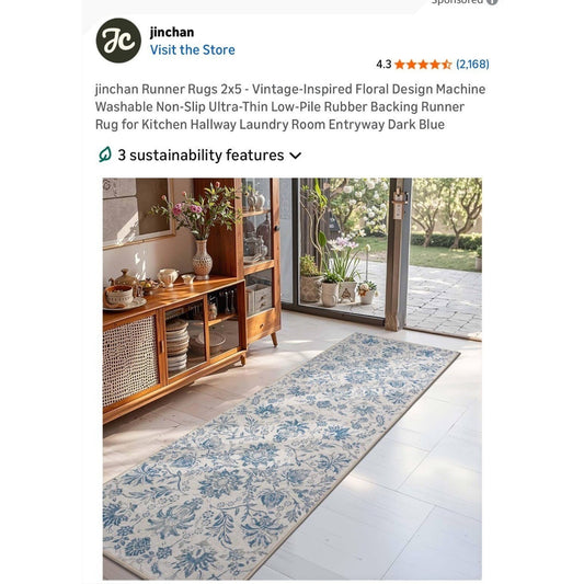Jinchan Floral Runner Rug 2x5 Machine Washable Non-Slip Thin Blue Pattern