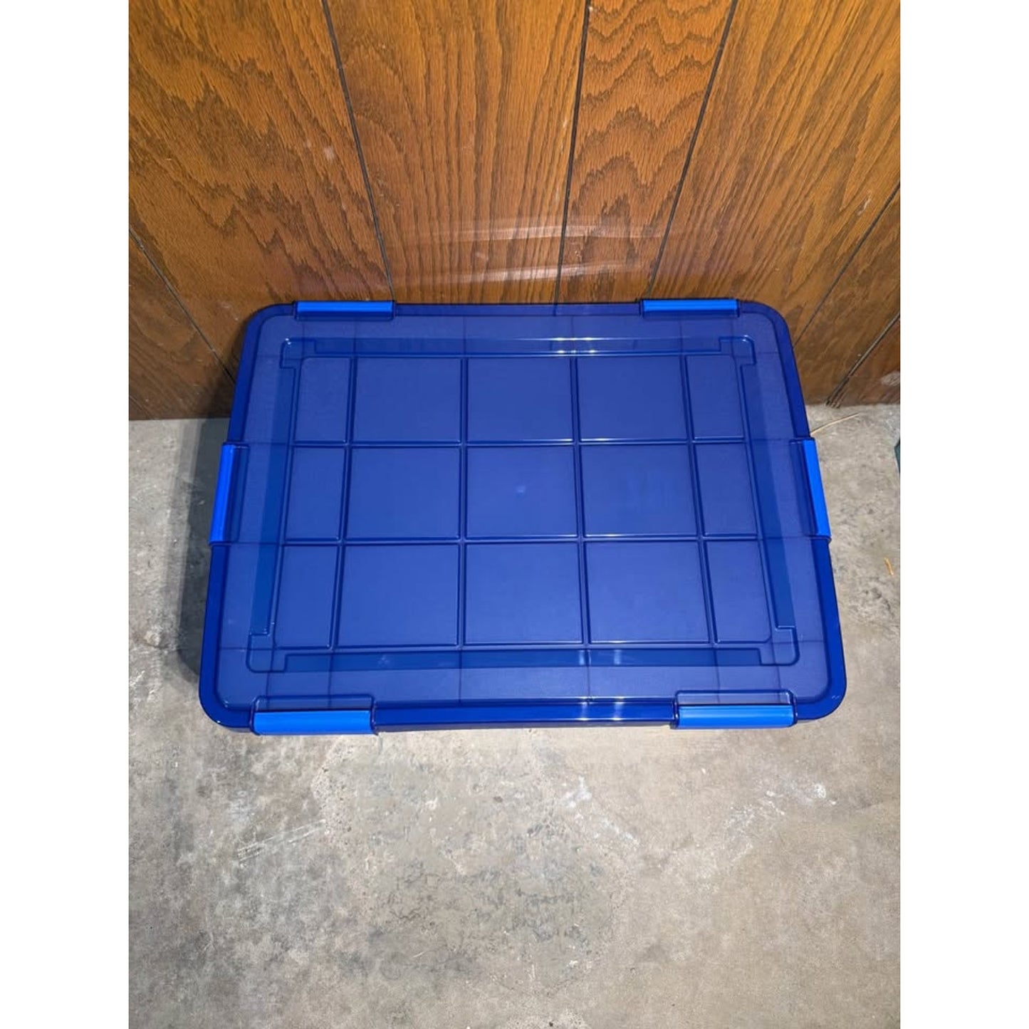 IRIS 15 Gal./60 Qt. Lockable Plastic Storage Tote, Clear with Blue Lid and Buckles