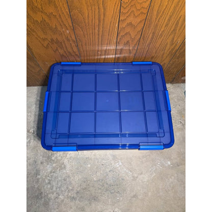 IRIS 15 Gal./60 Qt. Lockable Plastic Storage Tote, Clear with Blue Lid and Buckles