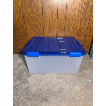 IRIS 15 Gal./60 Qt. Lockable Plastic Storage Tote, Clear with Blue Lid and Buckles