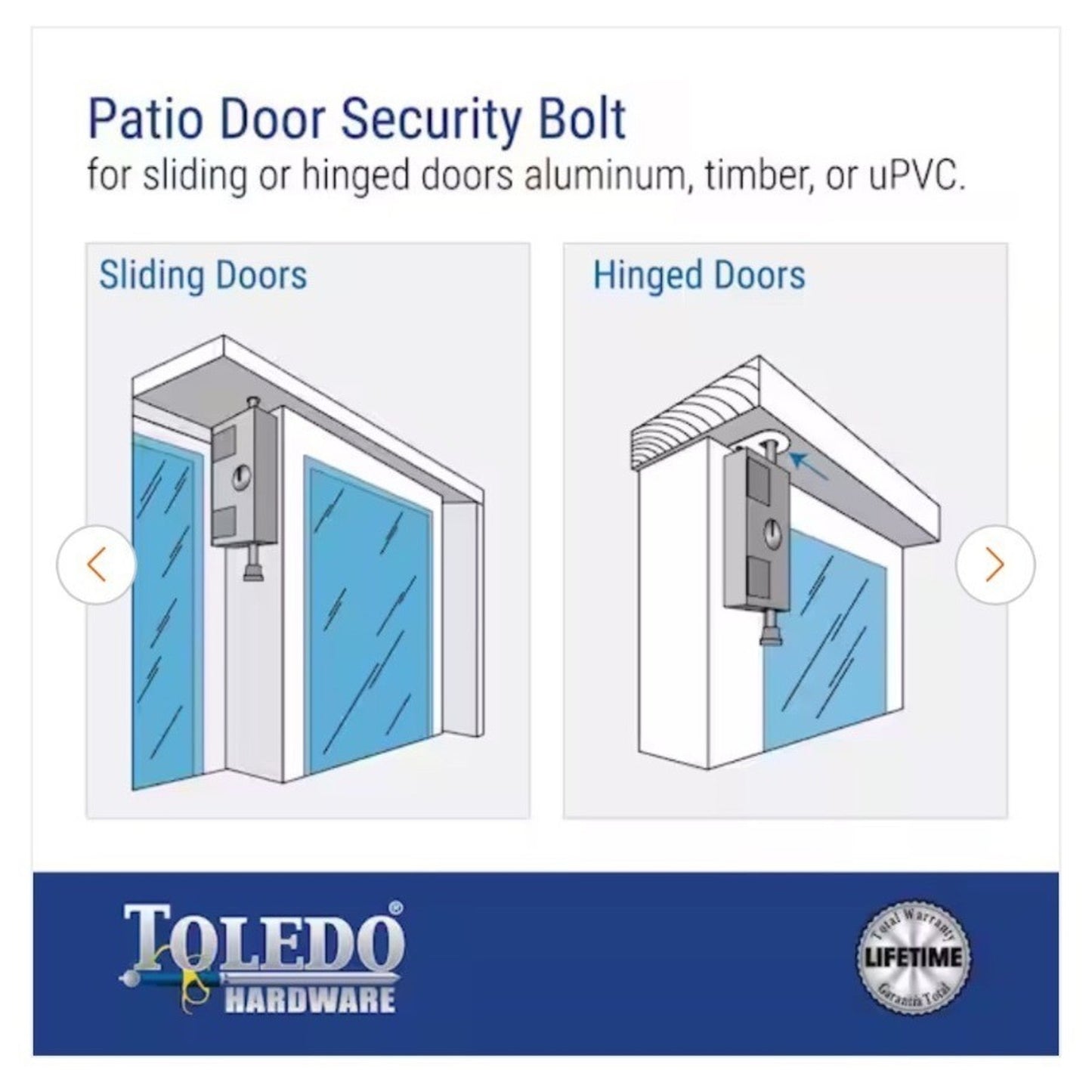 Toledo Patio Door Silver Security Bolt Lock TDP02-S Keyed Design