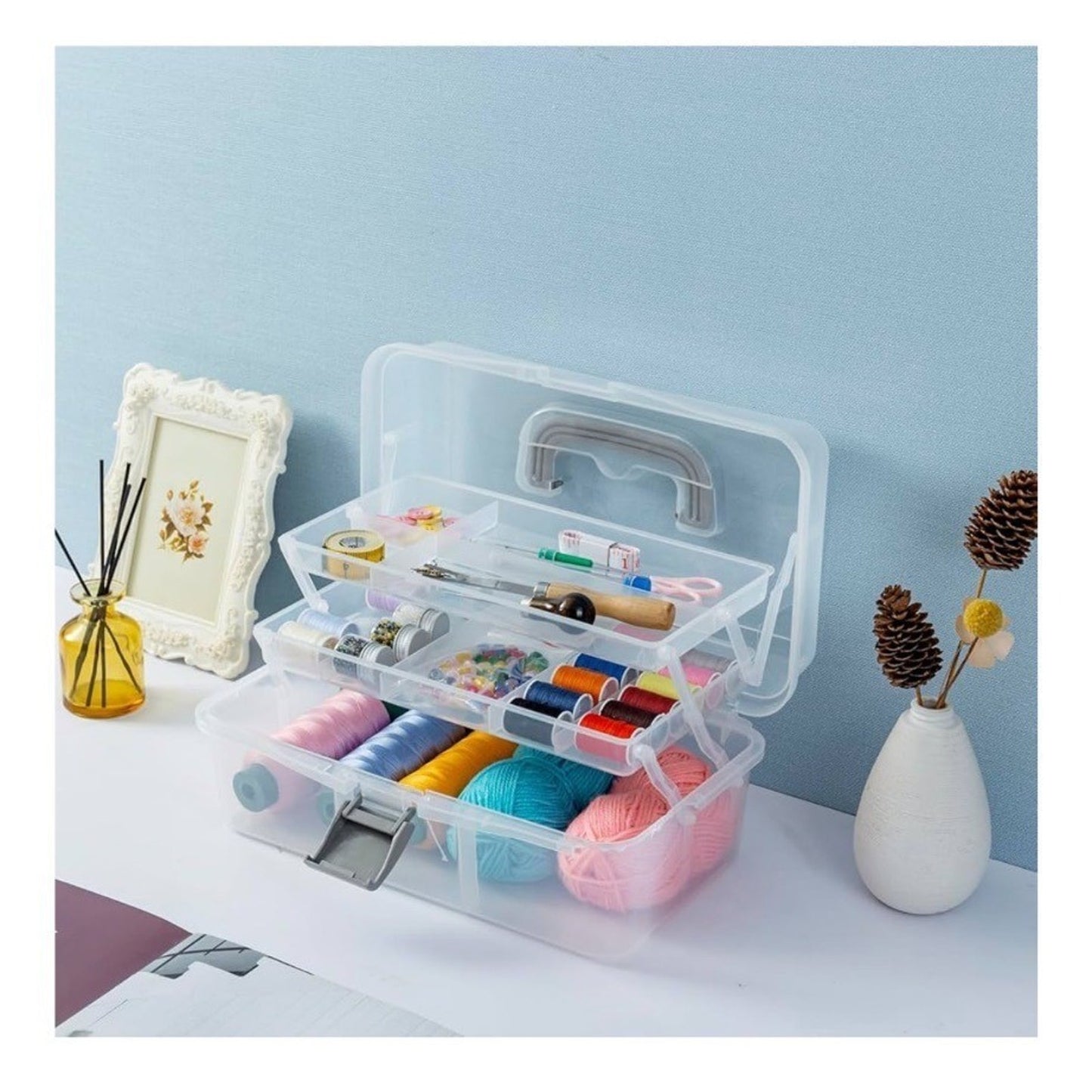 MyGift Transparent Multipurpose Storage Box With Latching Lid Gray Handle & 2 Tr