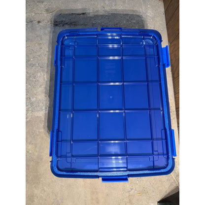 IRIS 15 Gal./60 Qt. Lockable Plastic Storage Tote, Clear with Blue Lid and Buckles