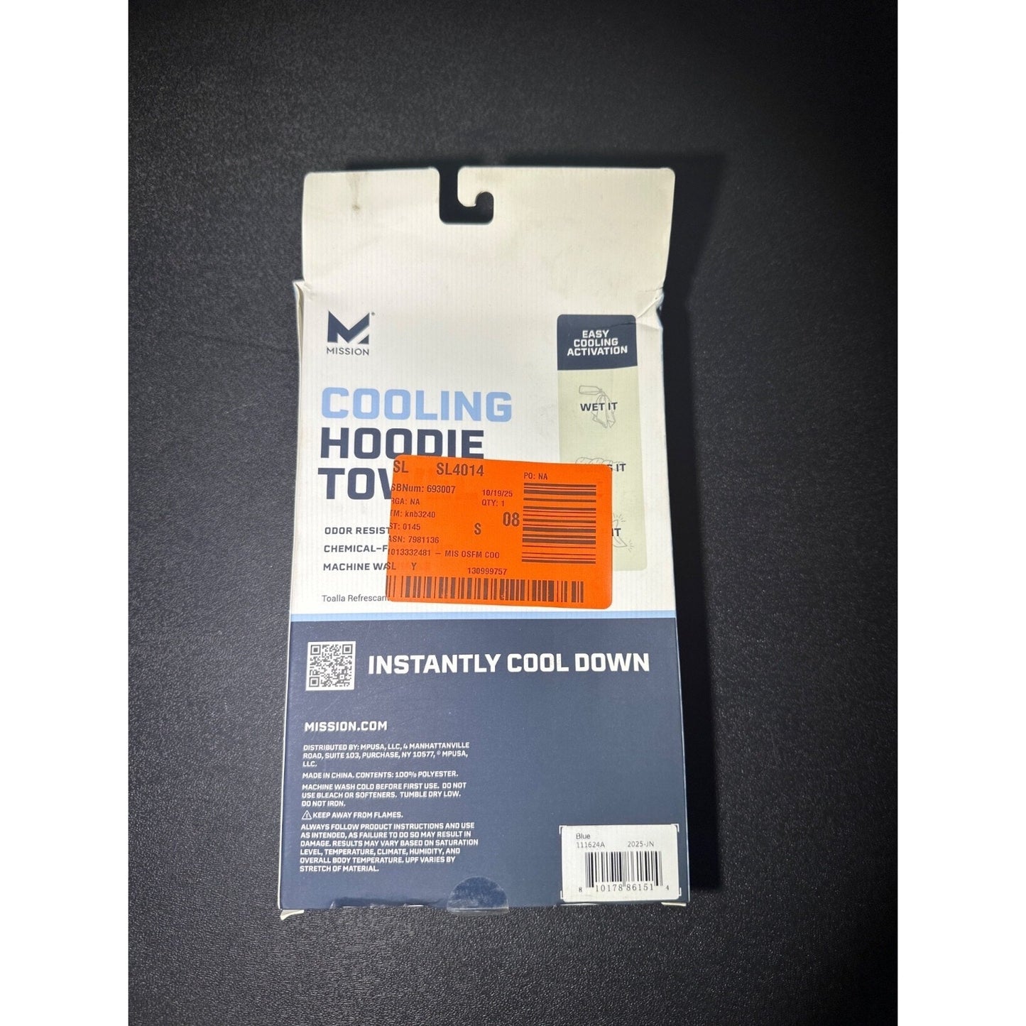 Mission Cooling Hoodie Towel- Evaporative Cool Tech UPF 50 Blue Odor Resistant C