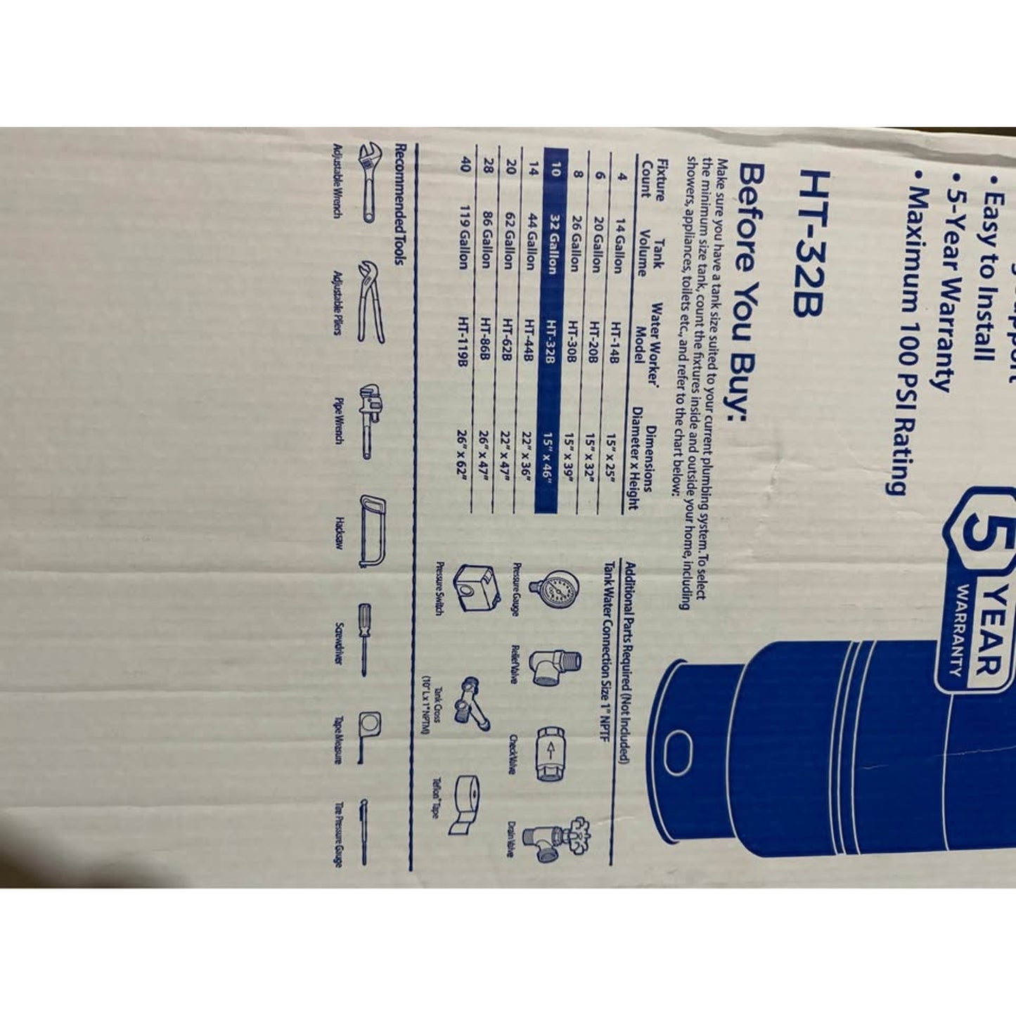 Water Worker 32 Gal Pressurized Well Tank (HT32B) – Precharged 38 PSI – BRAND NEW
