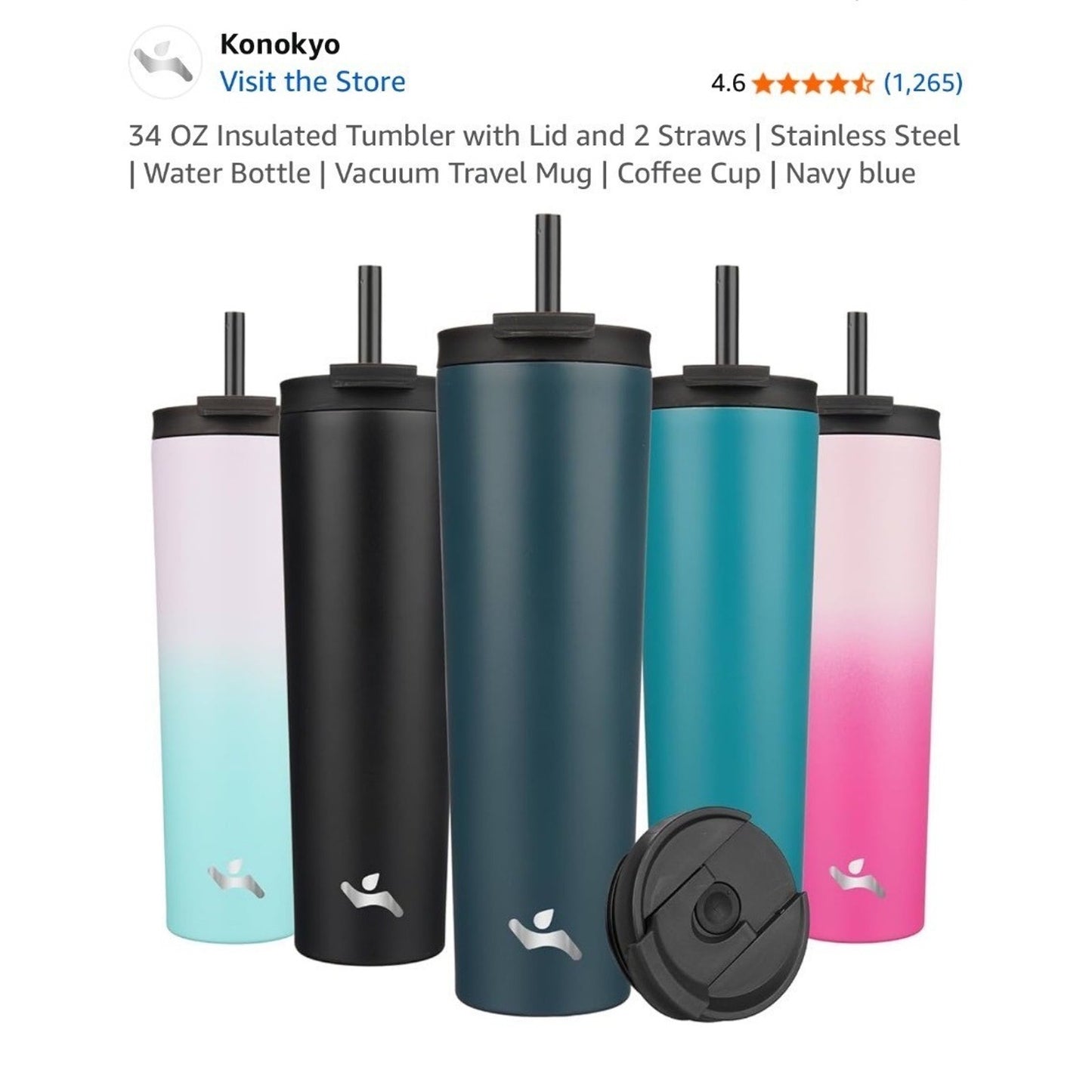 34 Oz Konokyo Insulated Tumbler With Lid & Straws Stainless Steel Vacuum Travel