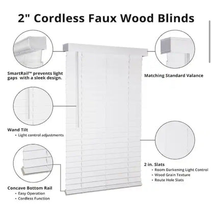 Home Decorators 72 x 64 White Cordless Faux Wood Blinds New 2 in Slats