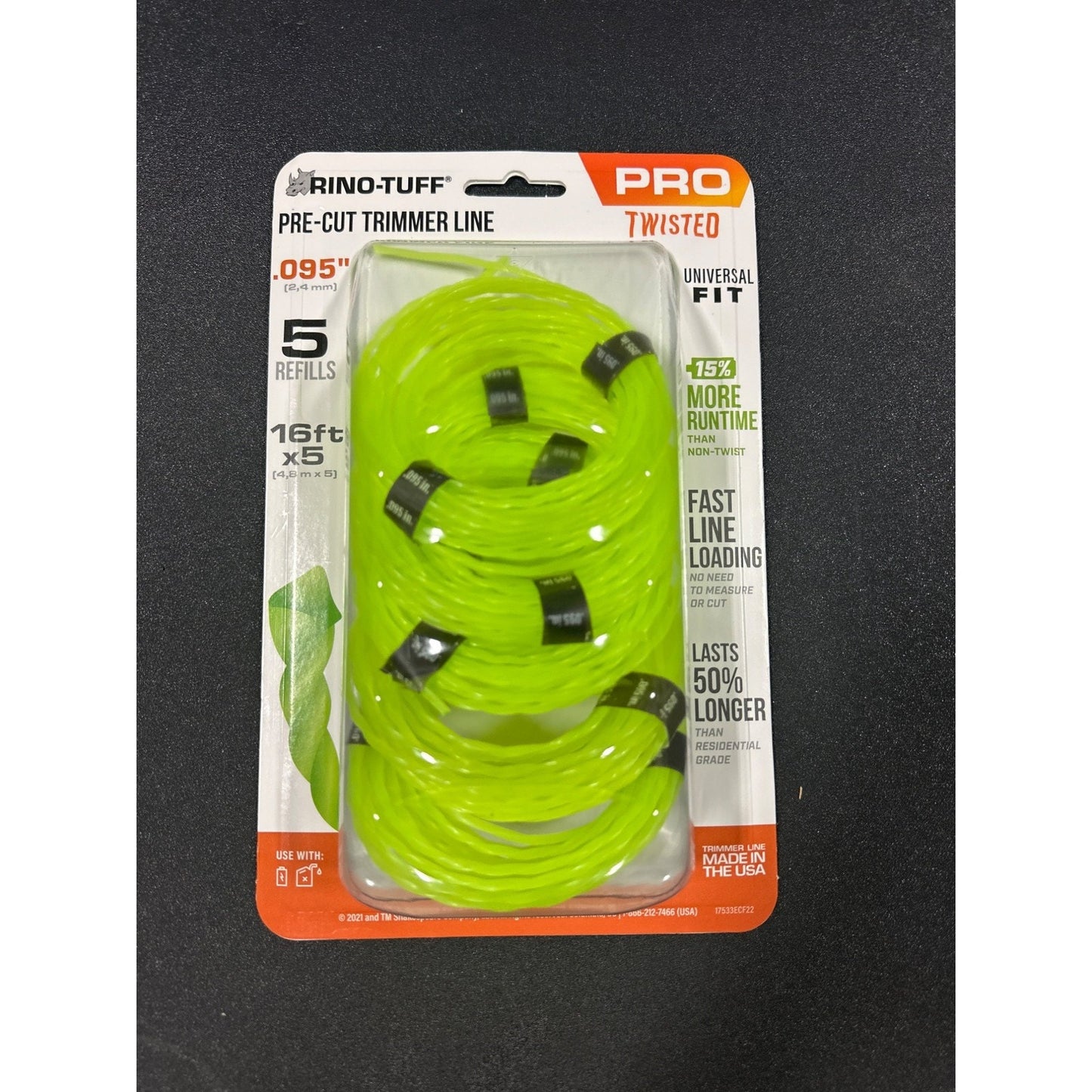 Rino-Tuff Pro .095" Pre-Cut Trimmer Line Twisted Universal Fit 16 Ft 5 Refills