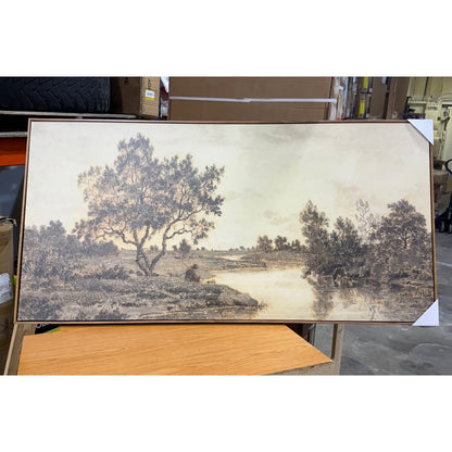 MUDECOR 60”x30” Framed Canvas Wall Art “Misty Riverbank w Solitary Tree” – NEW