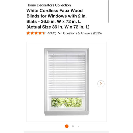 Home Decorators 2” Cordless Faux Wood Blinds White 36.5”x72” (Actual 36”x72”) NEW – Qty 3