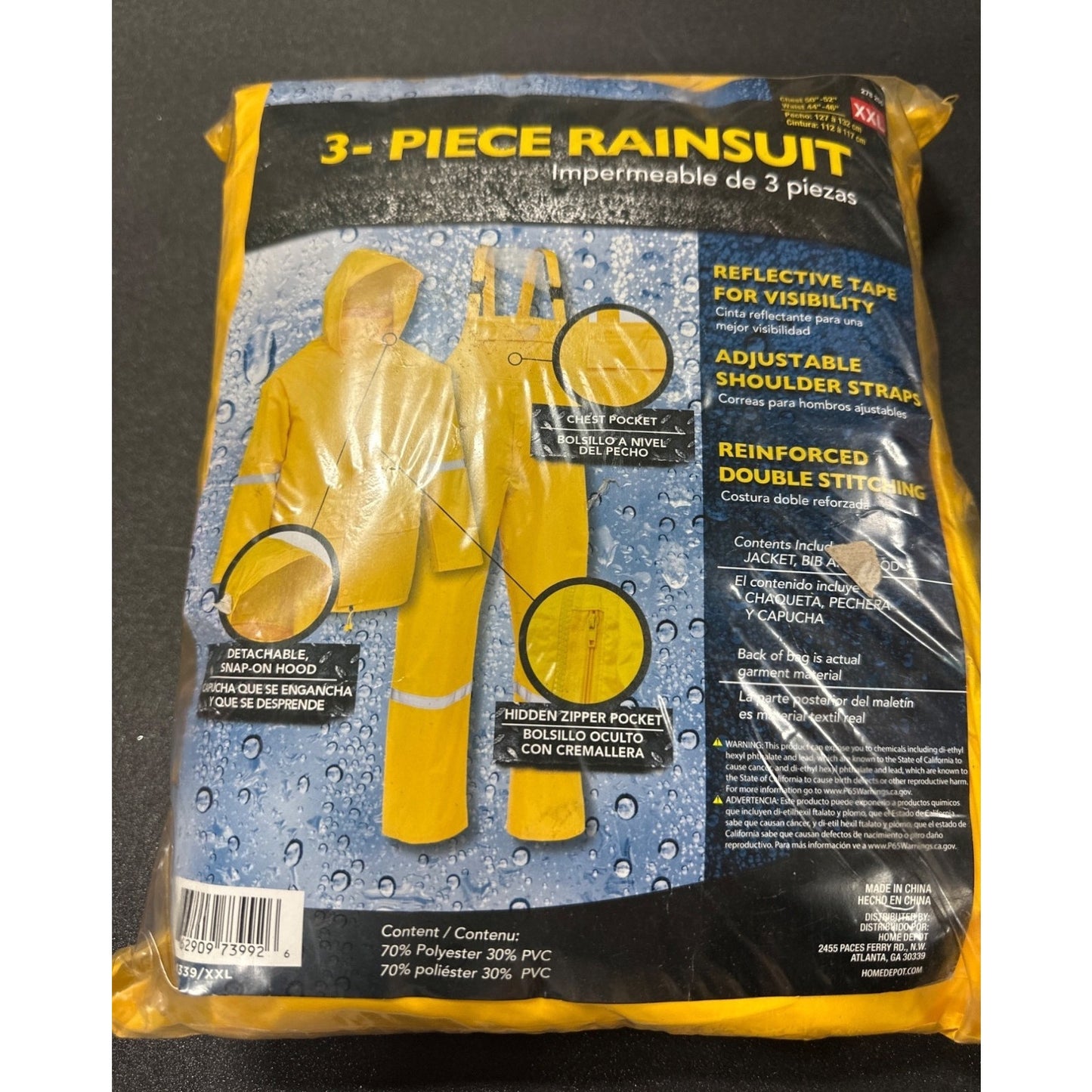 Heavy Duty Yellow 3-Piece Rain Suit XXL Reflective Strips PVC Blend