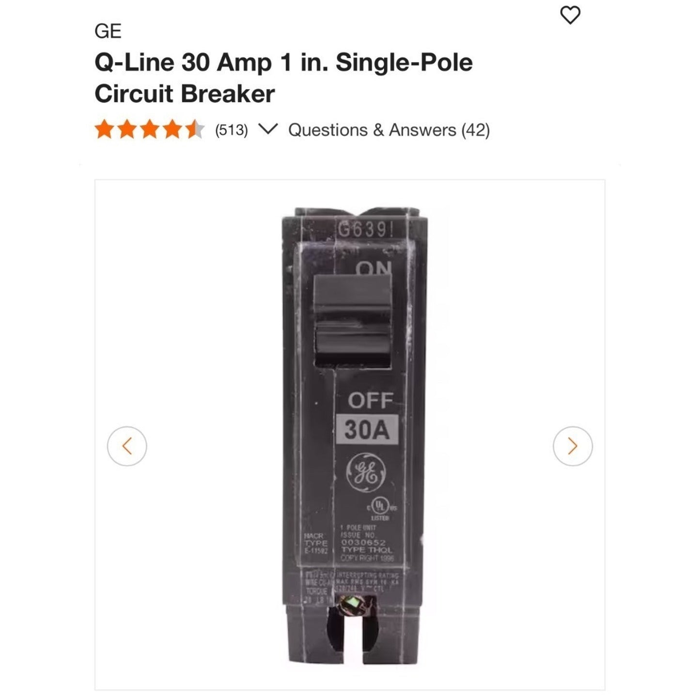 GE Q-Line 30A Single-Pole Circuit Breaker Black Electrical Switch