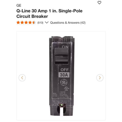 GE Q-Line 30A Single-Pole Circuit Breaker Black Electrical Switch