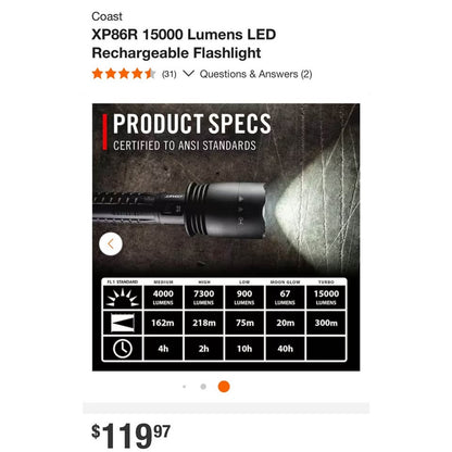 Coast XP86R 15000 Lumens LED Rechargeable Flashlight