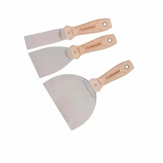 Husky 3-Pack Wooden Handle Putty Knife and Scraper Set with Stainless Steel Blade