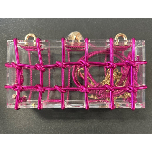 Clear Pink Acrylic Box With Gold Chain & Magenta Cord Design