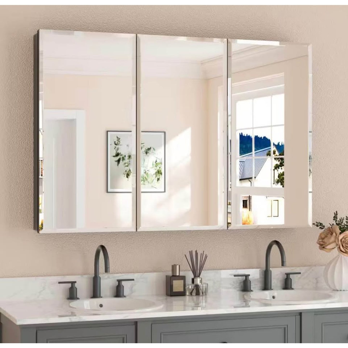 Black Rectangular Beveled Frameless Metal Black Surface Mount/Recessed Medicine Cabine