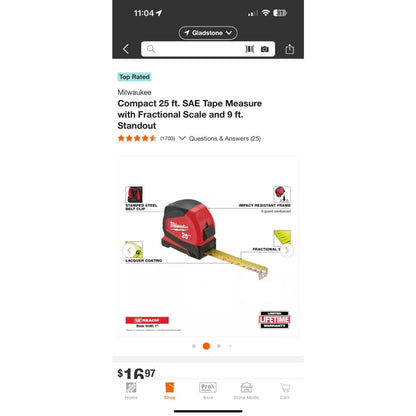 Milwaukee 25 Ft SAE Compact Tape Measure Fractional Scale