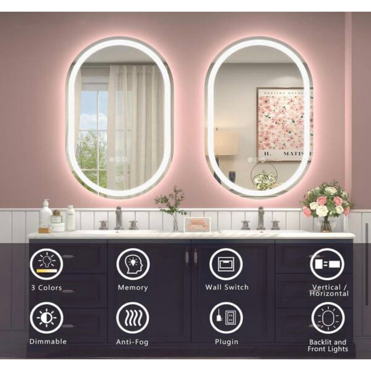 Apmir 24 x 36 Oval LED Bathroom Vanity Mirror Anti Fog Frameless Lighted Mirror New