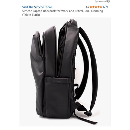 Manning Simcoe 20L Laptop Backpack For Work & Travel In Triple Black