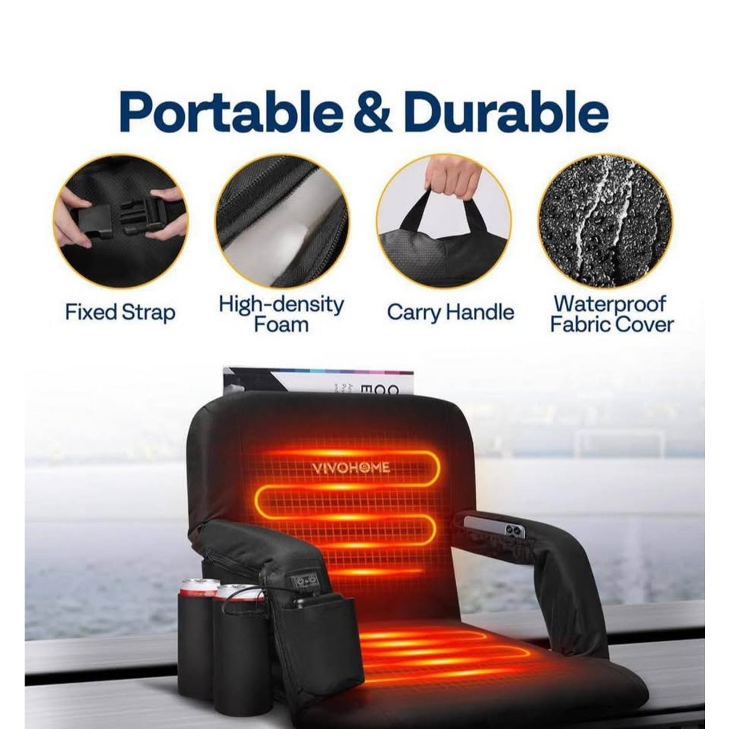Black 24 in. W Heated Stadium Seats with with 3 Levels of Heat, Back Support and Cushion (2-Pack)