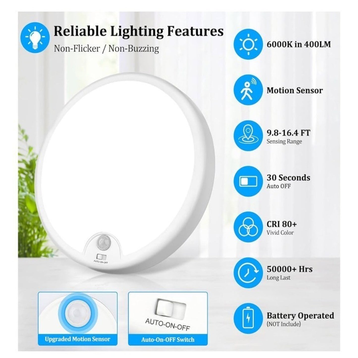 BrightEver 2-Pack Motion Sensor LED Ceiling Lights 6000K Battery Operated