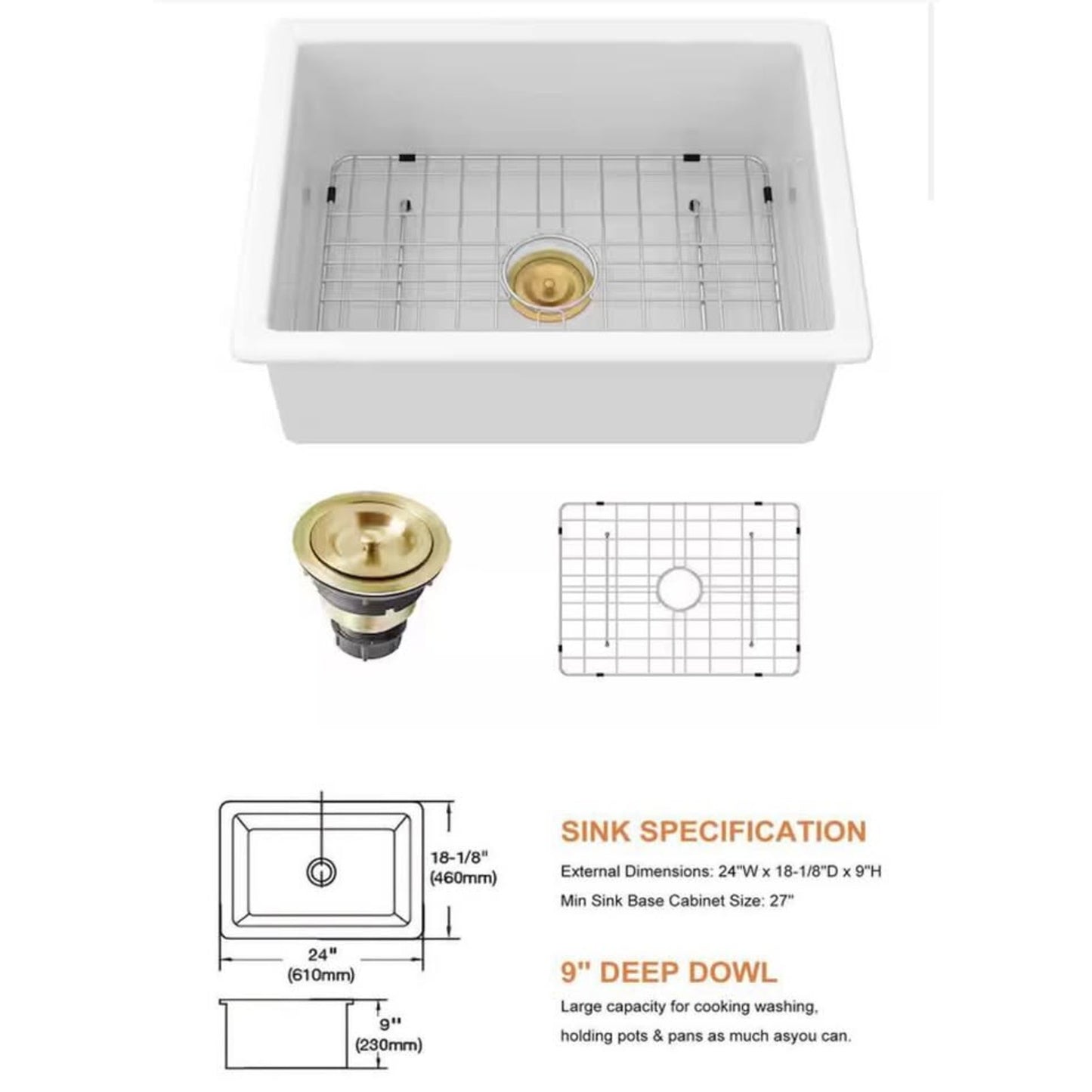 LORDEAR 24” Fireclay Undermount Kitchen Sink White w Grid + Strainer NEW