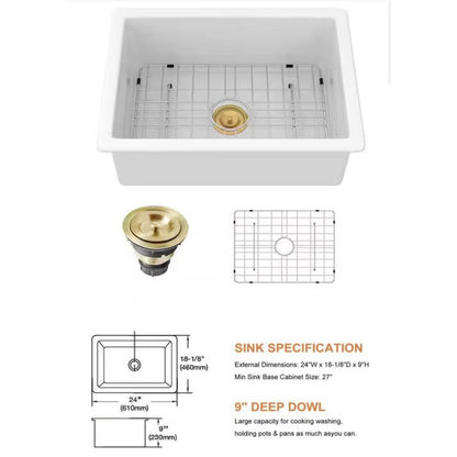LORDEAR 24” Fireclay Undermount Kitchen Sink White w Grid + Strainer NEW