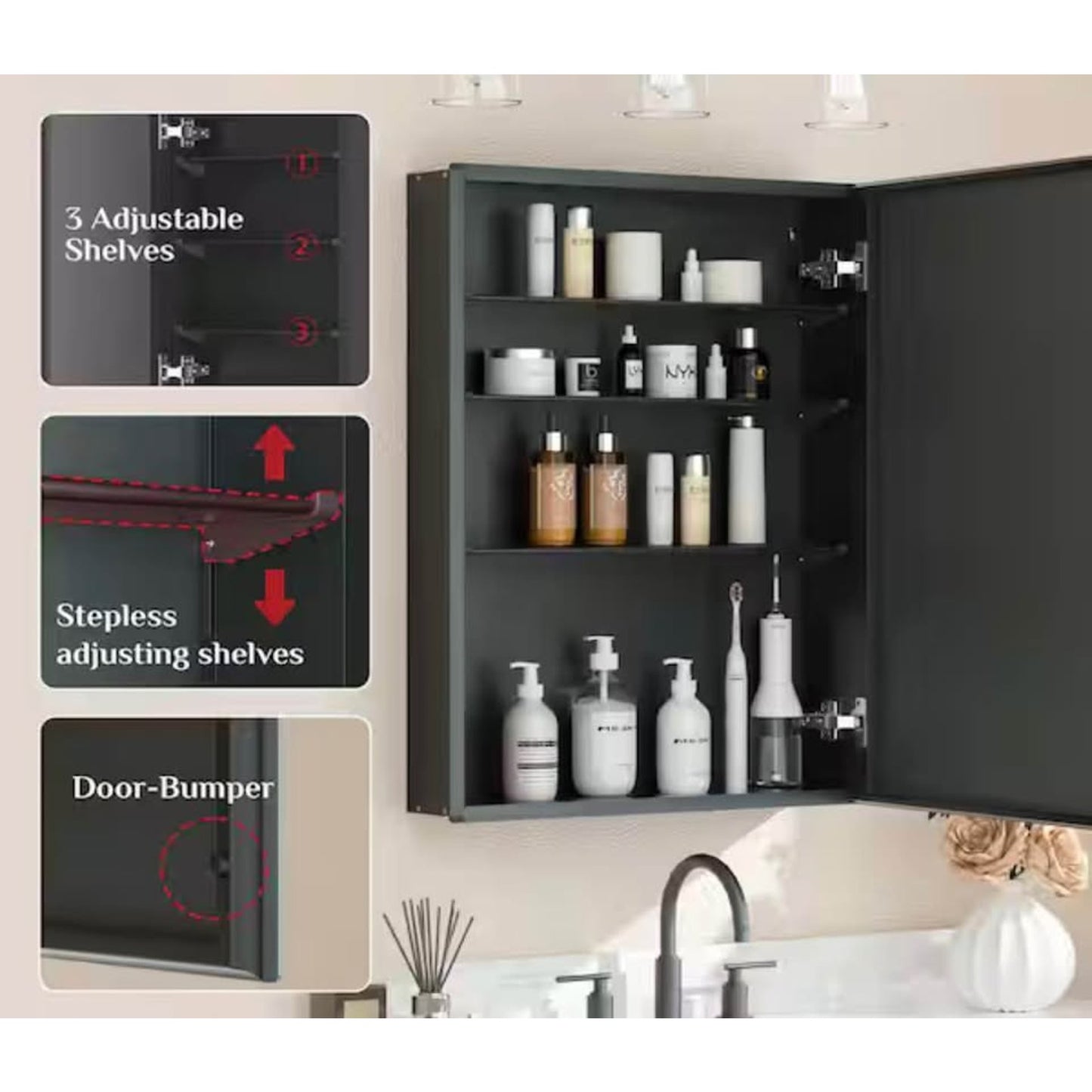 Black Rectangular Beveled Frameless Metal Black Surface Mount/Recessed Medicine Cabine