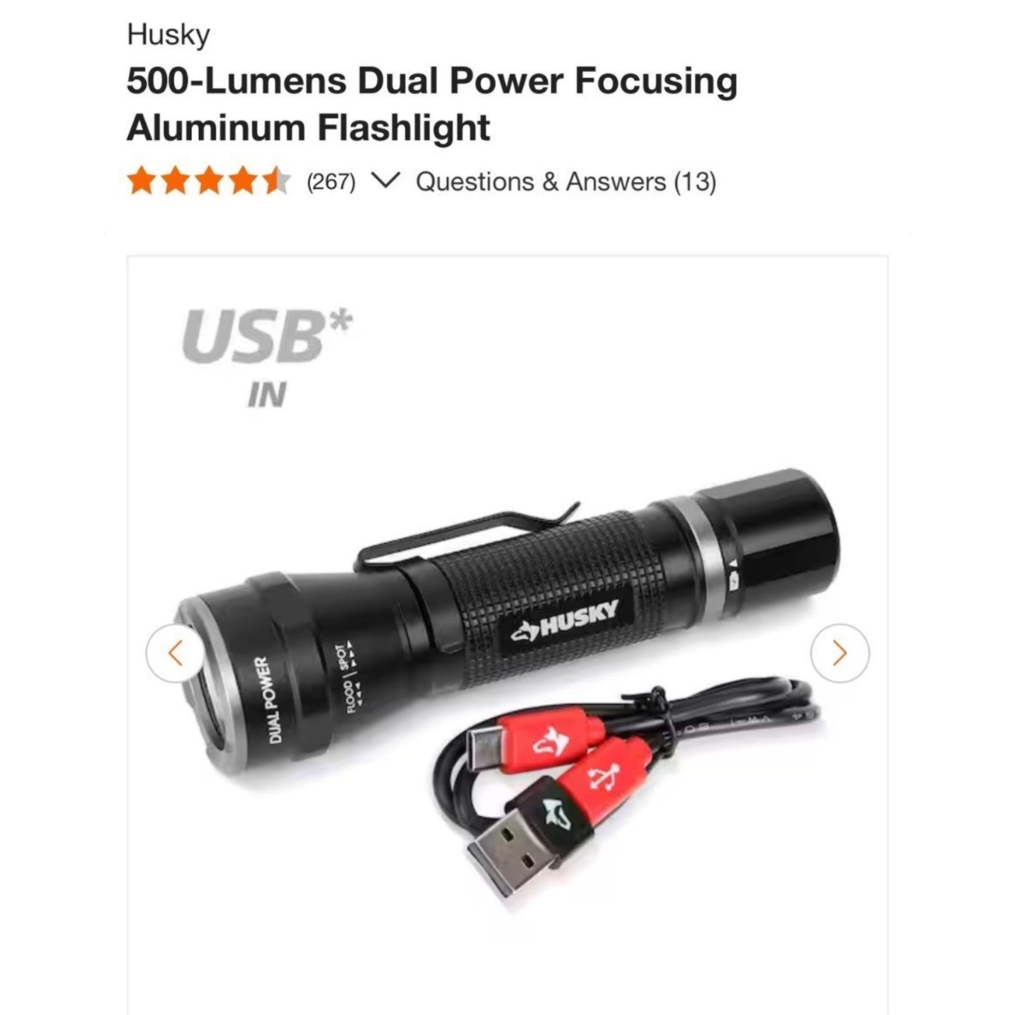 Husky 500-Lumens Dual Power Rechargeable Aluminum Flashlight USB-C