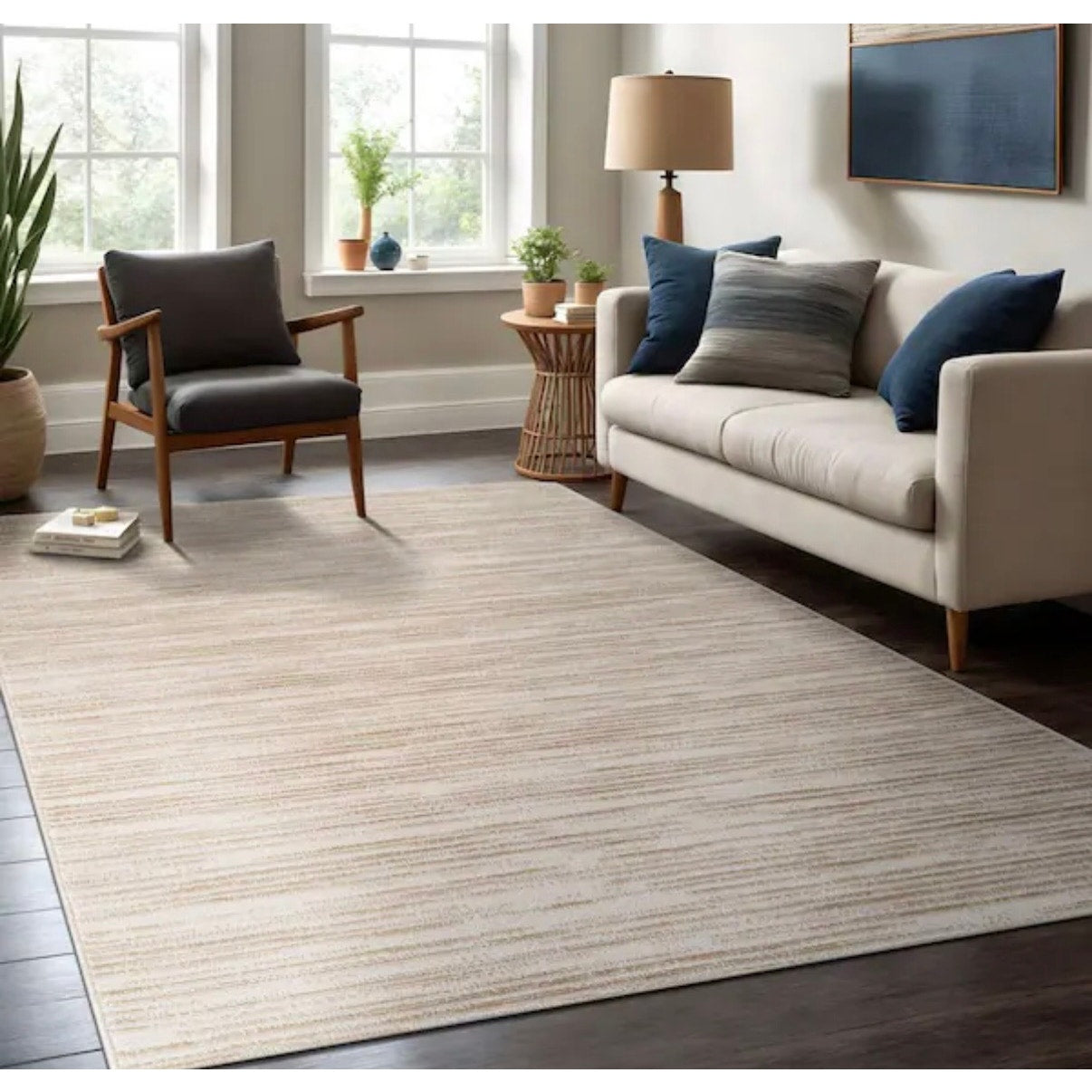 Beverly Rug Linea Beige 8x10 Indoor Outdoor Area Rug Washable Rubber Back Patio Rug New