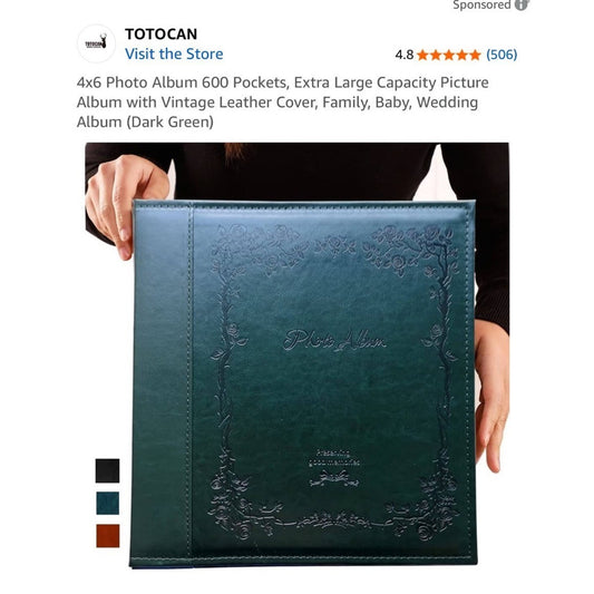 Vintage Leather 4x6 Photo Album 600 Pockets Family Wedding Dark Green