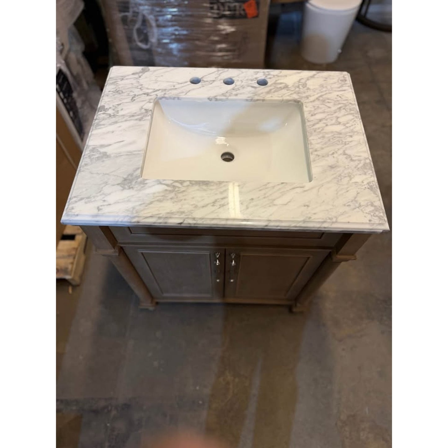 Home Decorators Aberdeen 30” Vanity Antique Oak w Carrara Marble Top Assembled Corner Chip
