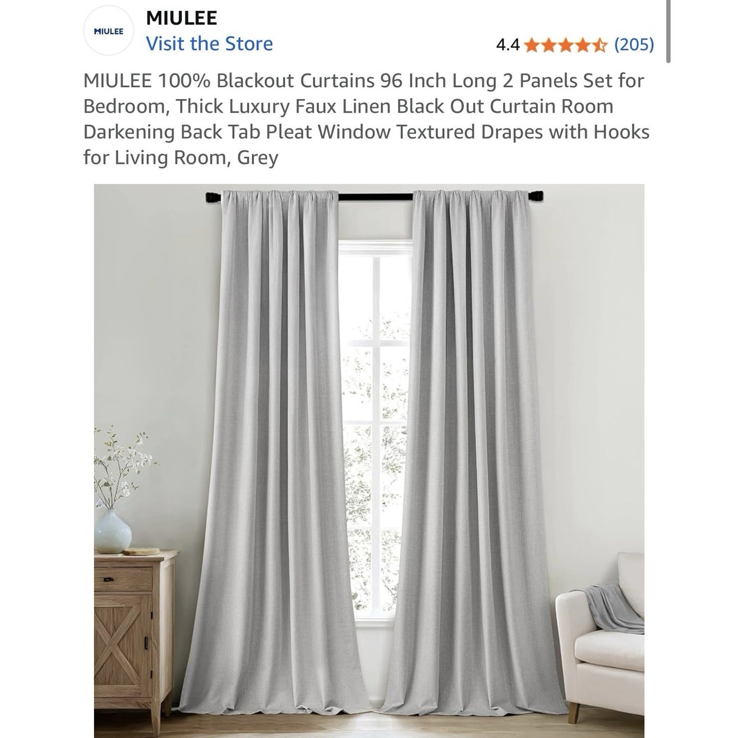 100% Blackout Curtains 96 Inch Long 2 Panels Set Grey