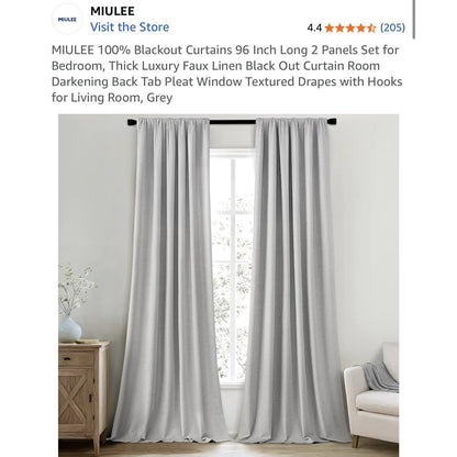 100% Blackout Curtains 96 Inch Long 2 Panels Set Grey