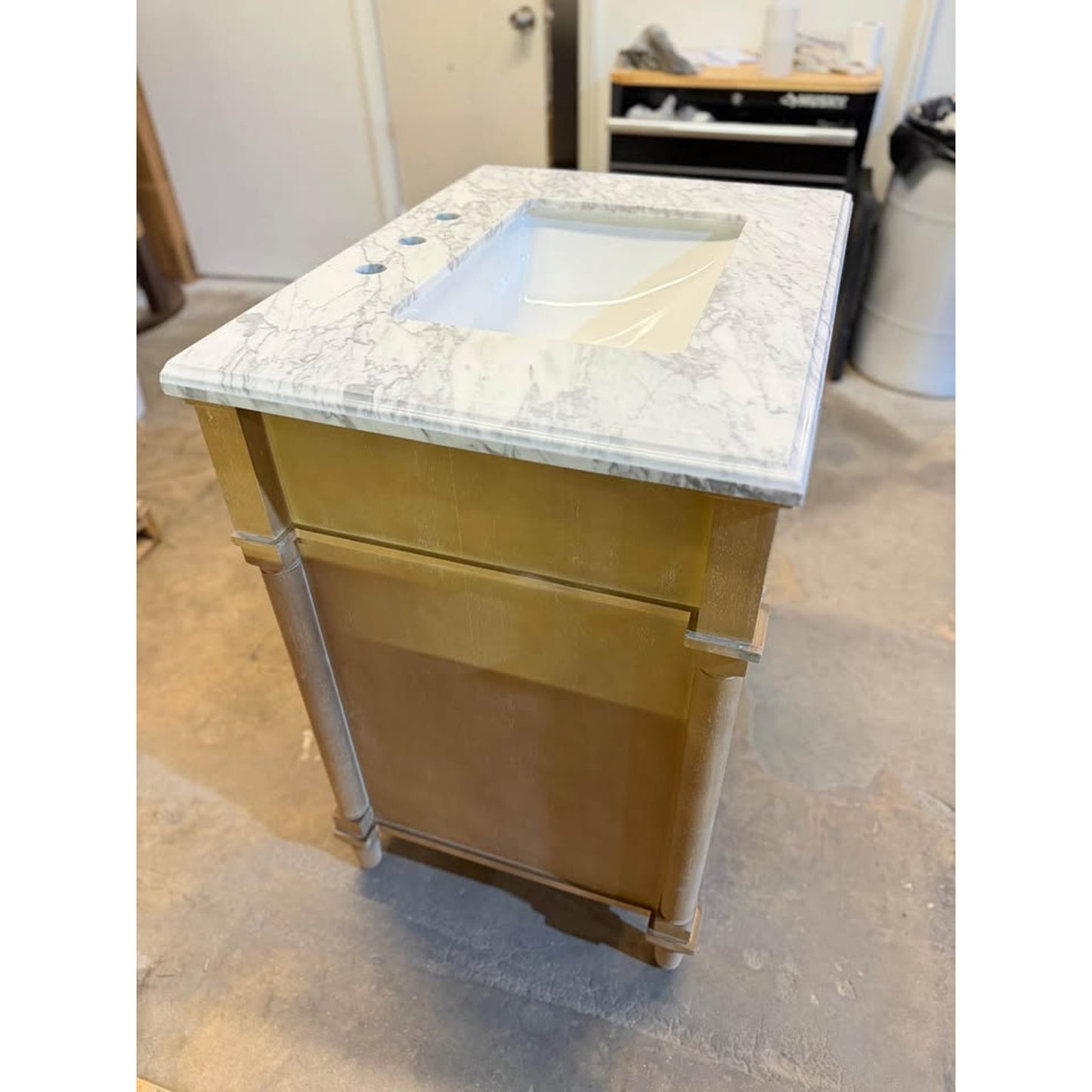 Home Decorators Aberdeen 30” Vanity Antique Oak w Carrara Marble Top Assembled Corner Chip