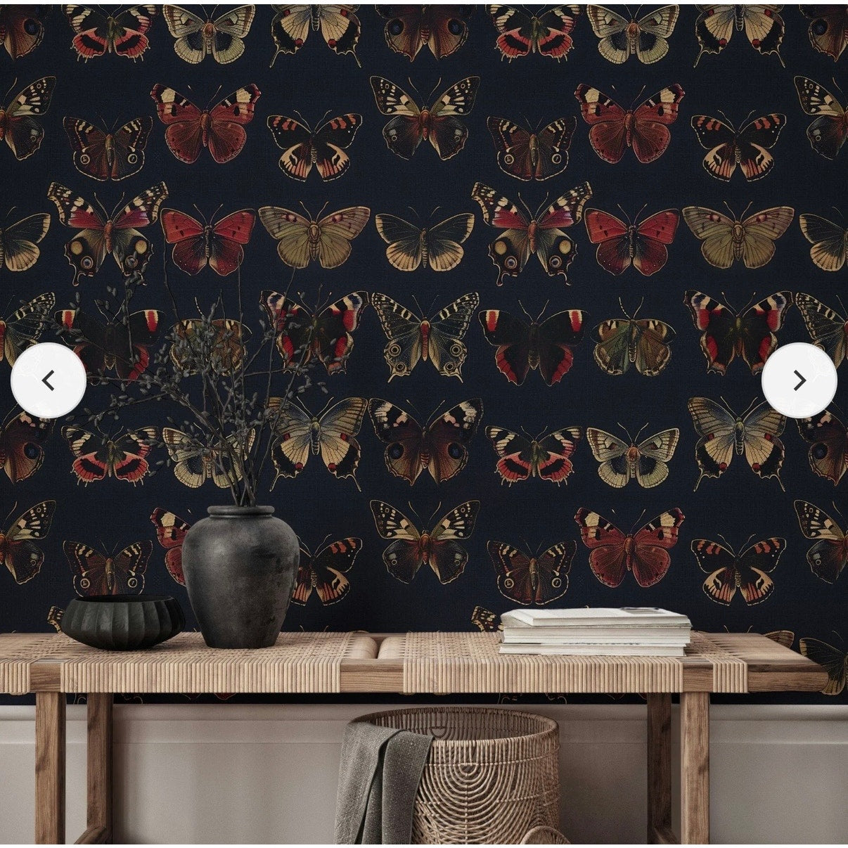 Muralls Deep Charcoal Vintage Butterfly Wallpaper custom size 28in x 120in, 71cm x 305cm. Qty 4 sheets
