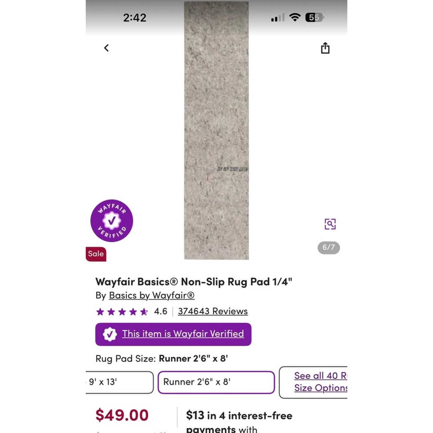 2’6”X8 rug pad