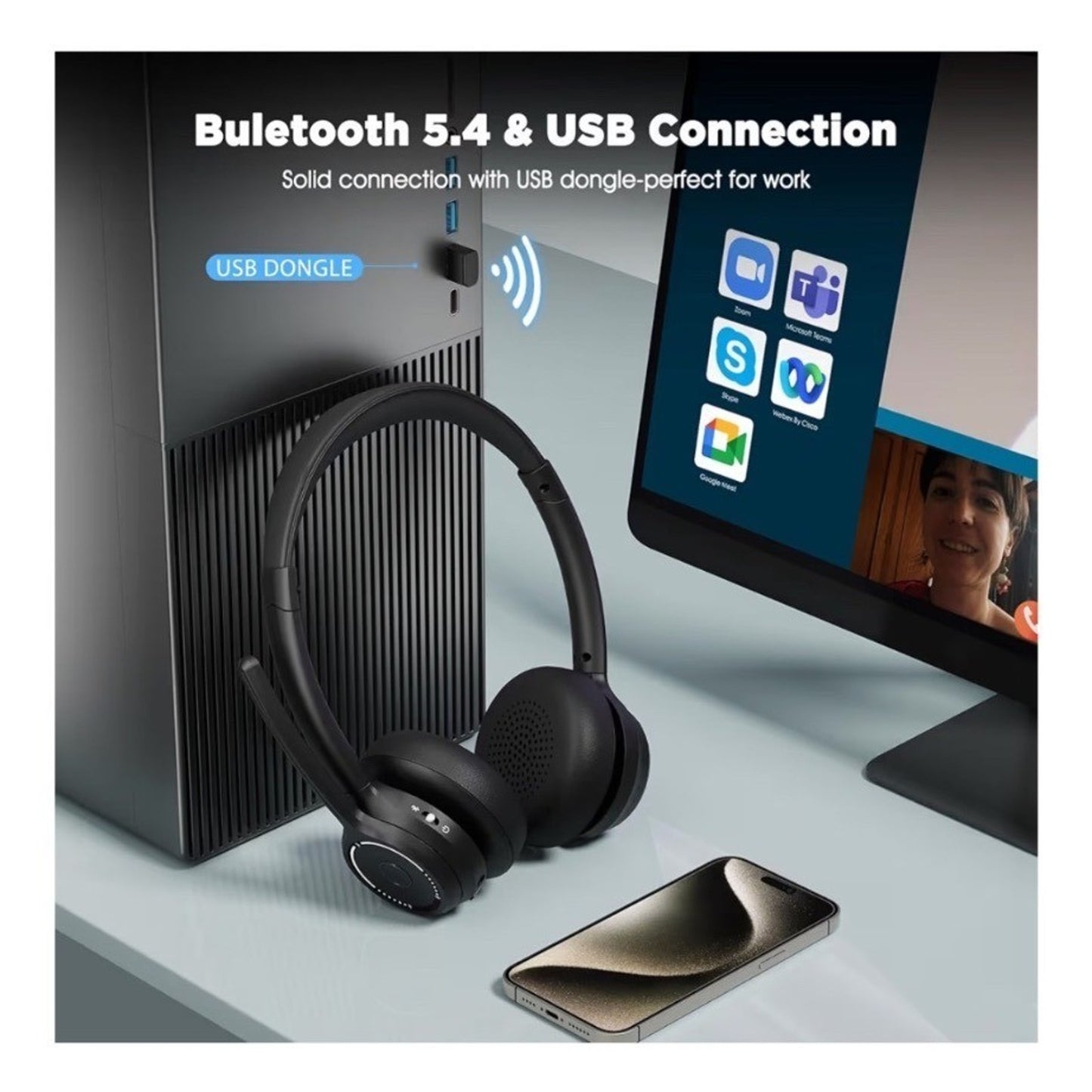 Wireless Bluetooth 5.4 Headset With Noise Canceling Mic USB Dongle Spin-To-Mute